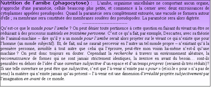 Zone de Texte: Nutrition de l'amibe (phagocytose) :  L'amibe, organisme unicellulaire ne comportant aucun organe, s'approche d'une paramcie, cellule beaucoup plus petite, et commence  la cerner avec deux excroissances de cytoplasmes appeles pseudopodes. Quand la paramcie sera compltement entoure, une vacuole se formera autour d'elle ; sa membrane sera constitue des membranes soudes des pseudopodes. La paramcie sera alors digre. 
------------------------------
Quest-ce que le monde pour lamibe ? On peut dnier toute pertinence  cette question en faisant du vivant un tre se rduisant  des processus matriels en troisime personne. Cest ce qua fait, par exemple, Descartes, avec sa thorie de lanimal-machine  dire quil y a un monde pour lamibe serait alors projeter sur le vivant ce qui nexiste que pour lhomme (un monde subjectif). Et, de fait, nul ne saurait percevoir en lautre un tel monde propre  nexistant qu la premire personne, invisible  tout autre que celui qui lprouve, peut-tre mon voisin lui-mme nest-il quune machine ? On peut donc toujours en douter. Cependant la recherche  travers un environnement alatoire, la reconnaissance de formes qui ne sont jamais strictement identiques, la tension en avant du besoin sont-ils pensables en dehors de lide dune ouverture subjective dun espace et dun temps propres (seraient-ils trs rduits)? Si une telle ouverture ne peut tre que subjective, cest que l-venir nexiste pas  pour  (et ici le  pour  na pas de sens) la matire qui nexiste jamais quau prsent  l-venir est une dimension dirralit projete subjectivement par limagination en avant de ce monde.

